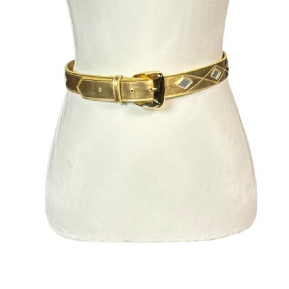 Vintage Liz Claiborne Statement Belt Gold Size Medium Faux Leather Retro Diamond - Picture 2 of 11